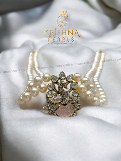 92.5 Silver Swan Charm With Rose Quartz Stone Embosed Necklace Set