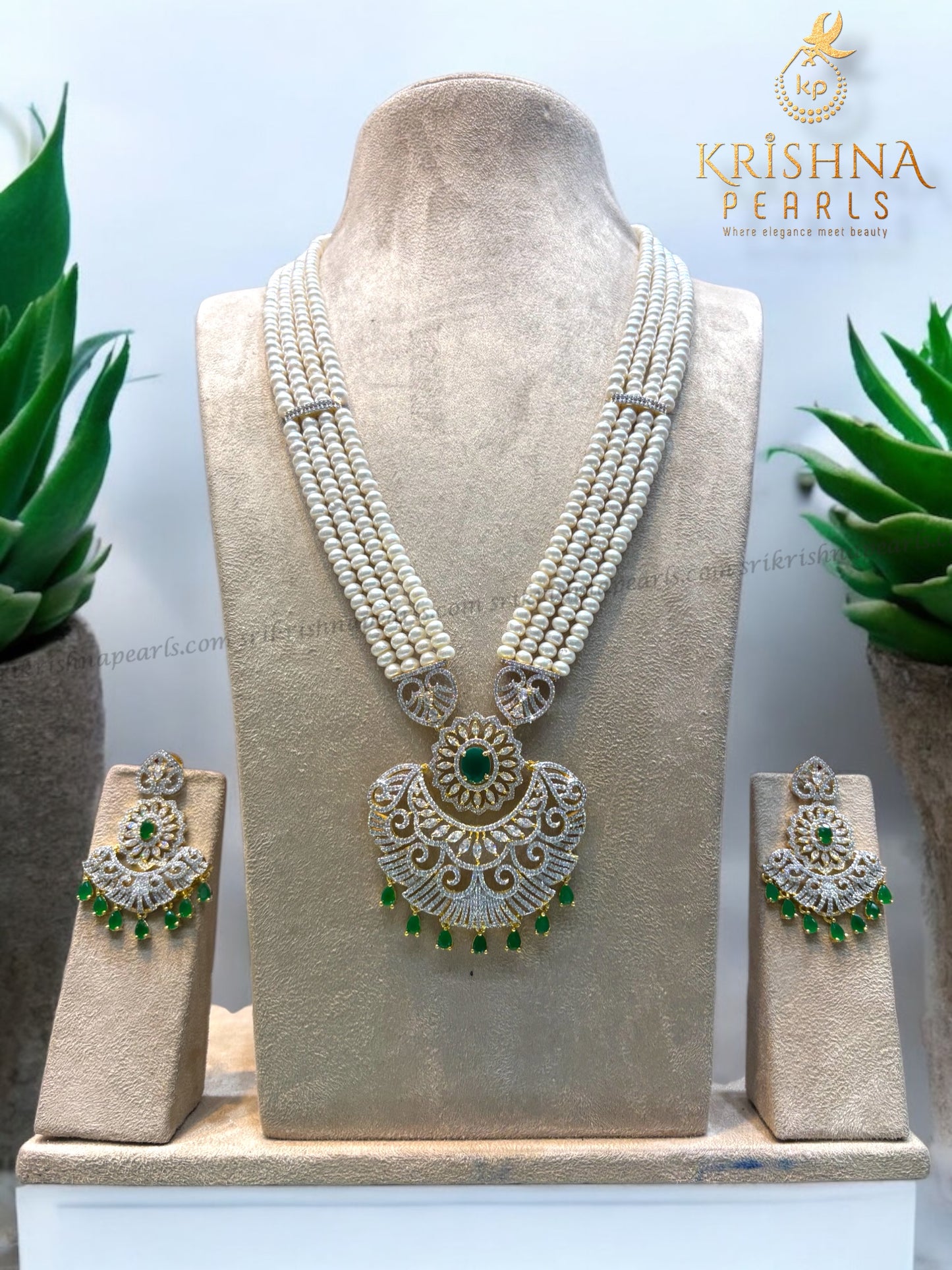 Exquisite Emerald Studded Long Pearls Necklace Set