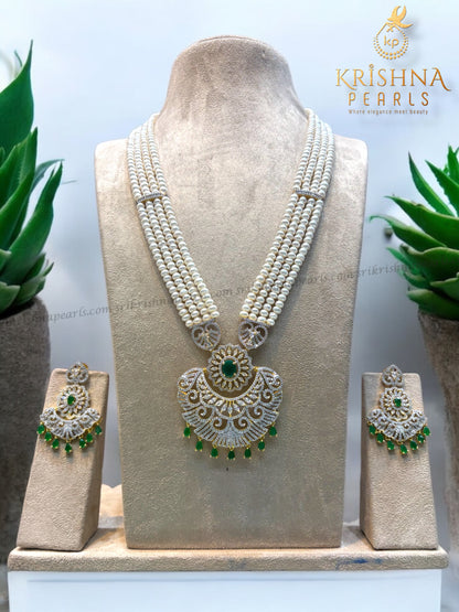 Exquisite Emerald Studded Long Pearls Necklace Set