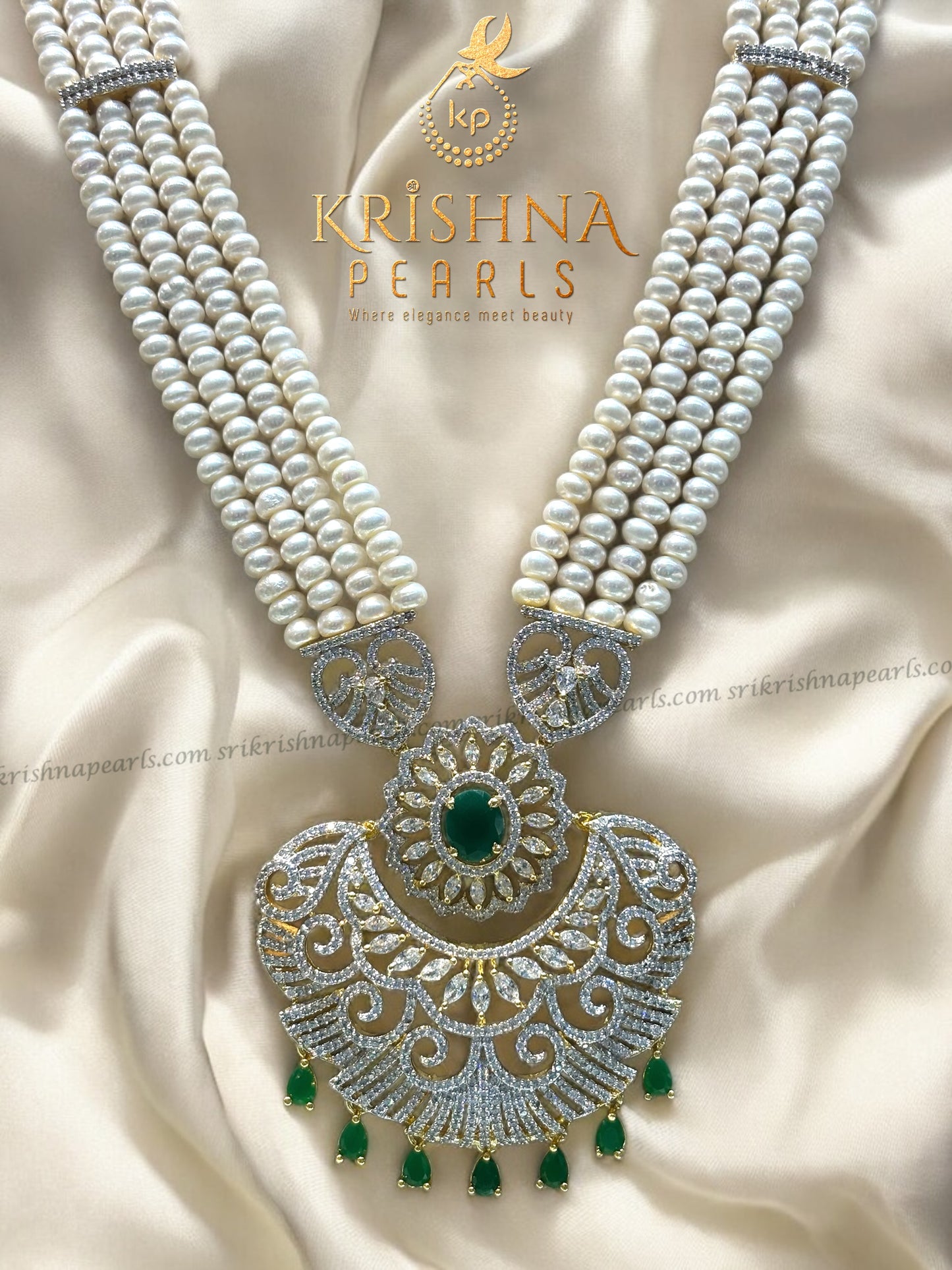 Exquisite Emerald Studded Long Pearls Necklace Set