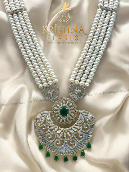 Exquisite Emerald Studded Long Pearls Necklace Set