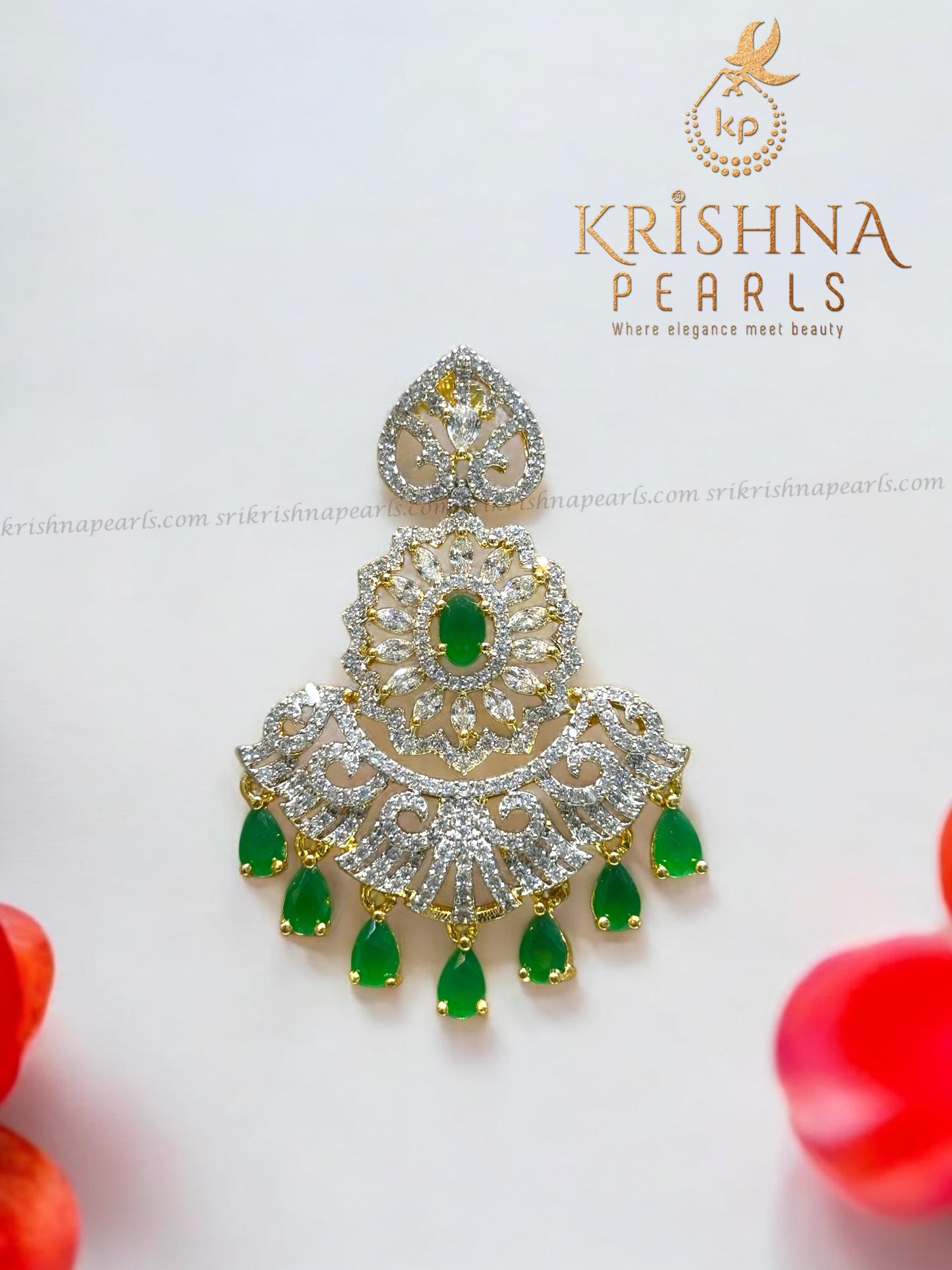 Exquisite Emerald Studded Long Pearls Necklace Set