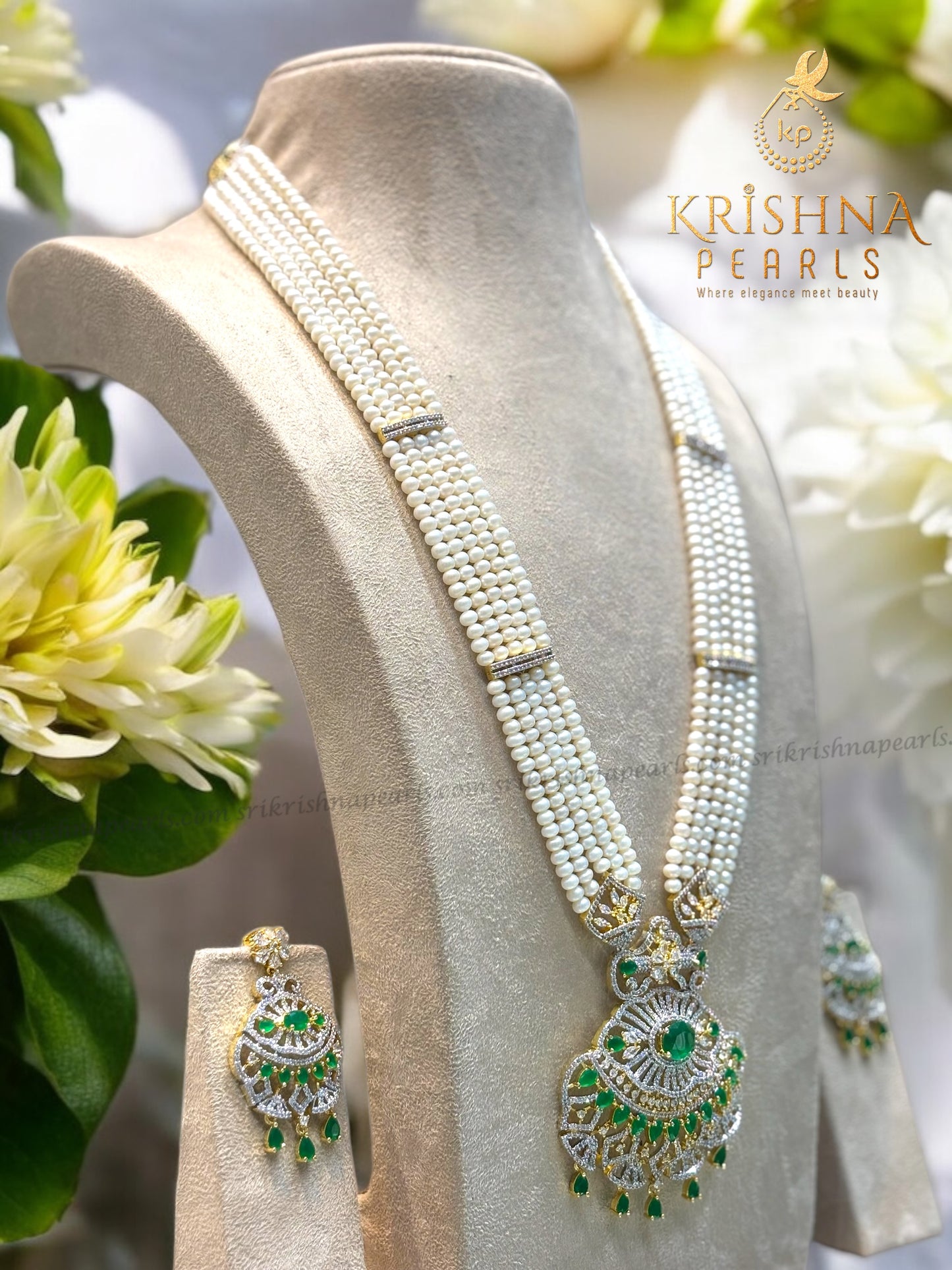 Exquisite Emerald Studded Long Pearls Necklace Set