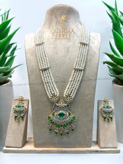 Royal Embrald Studded Pearls Long Necklace Set
