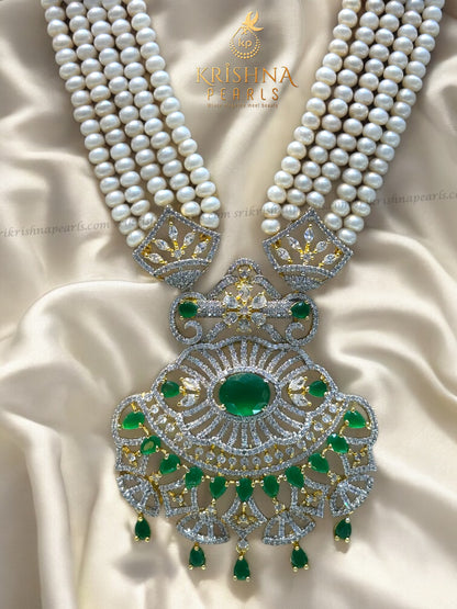 Royal Embrald Studded Pearls Long Necklace Set