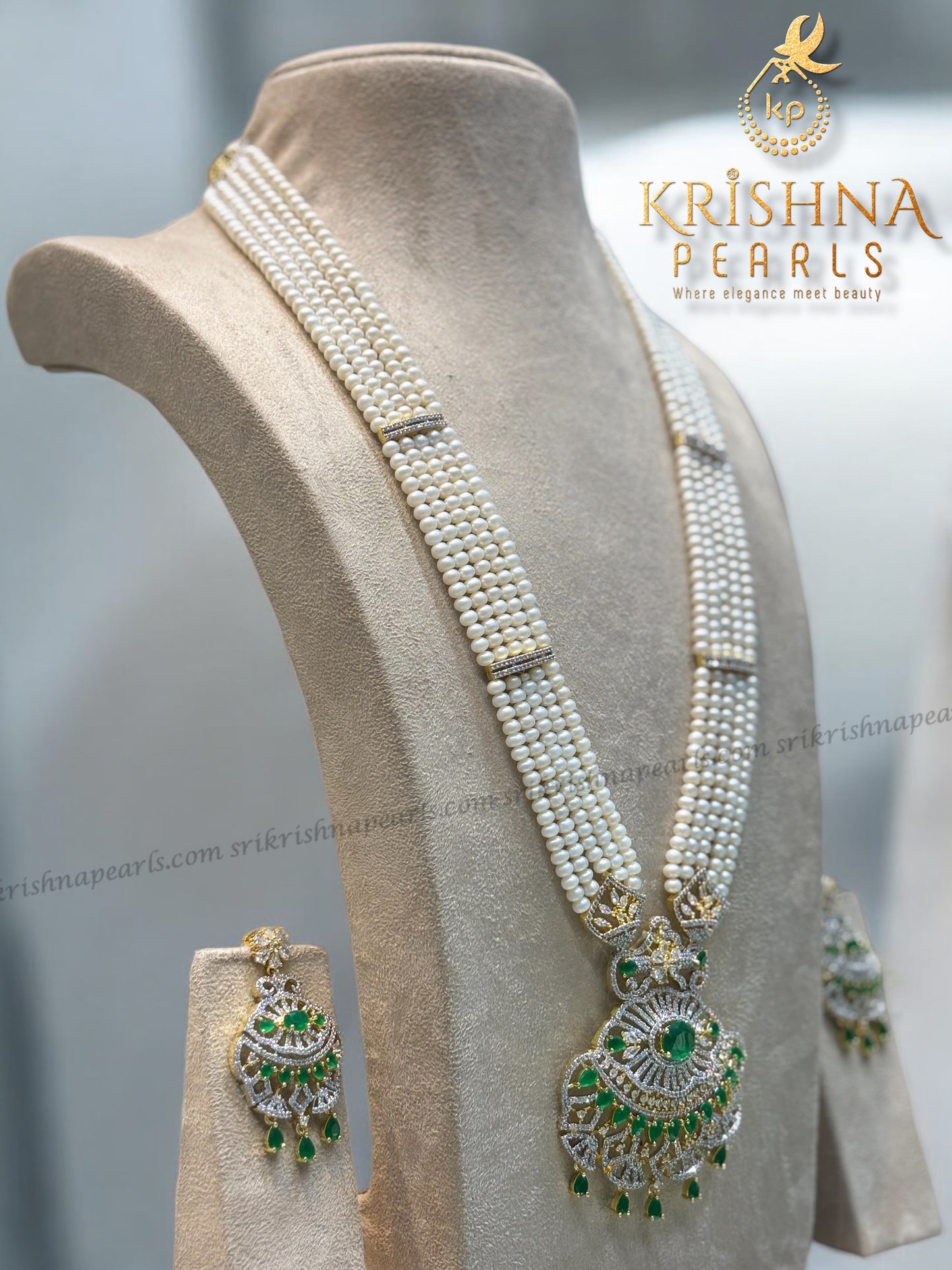 Royal Embrald Studded Pearls Long Necklace Set