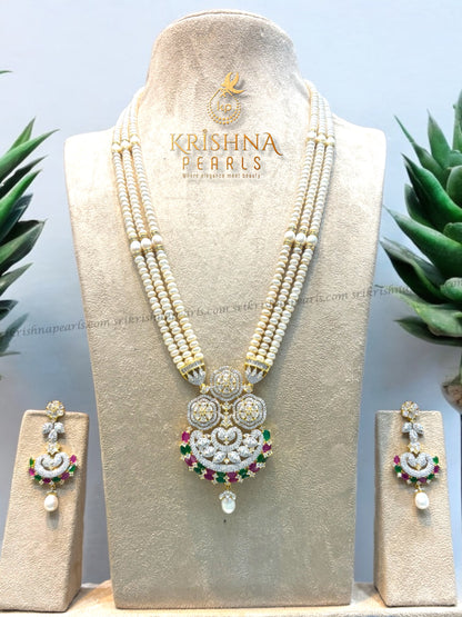 Designer Ruby and Emerald Studded Pearls Long Necklace Set