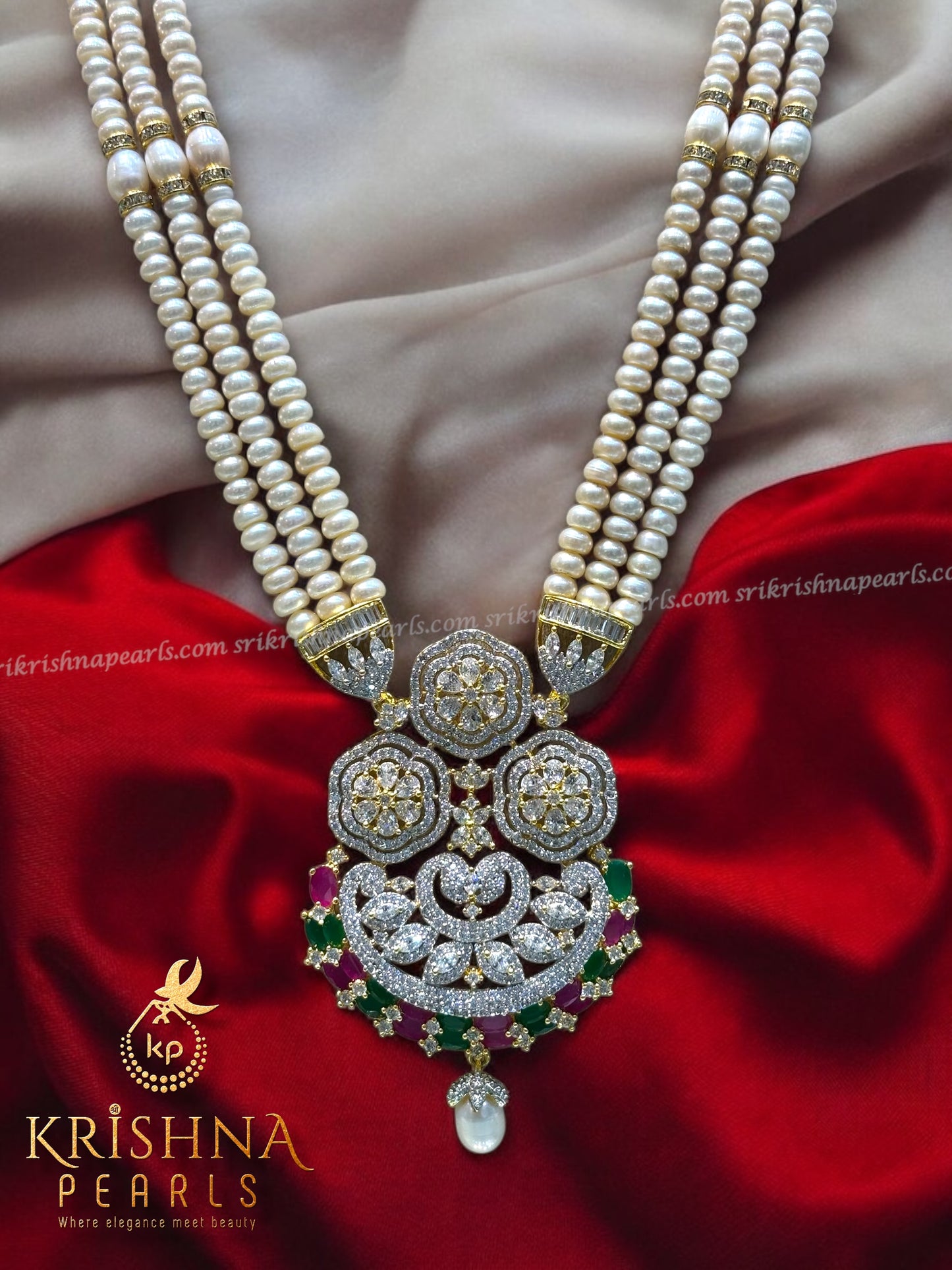 Designer Ruby and Emerald Studded Pearls Long Necklace Set