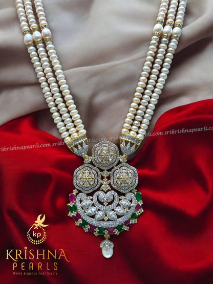 Designer Ruby and Emerald Studded Pearls Long Necklace Set