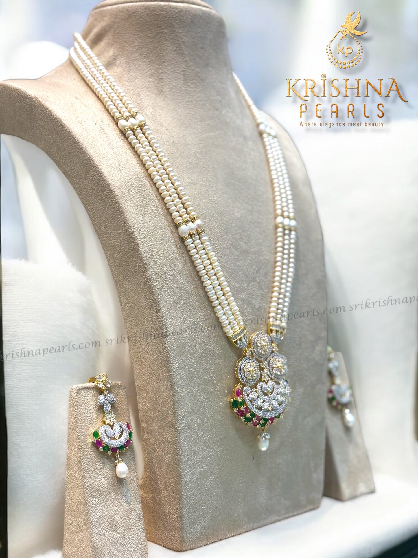 Designer Ruby and Emerald Studded Pearls Long Necklace Set