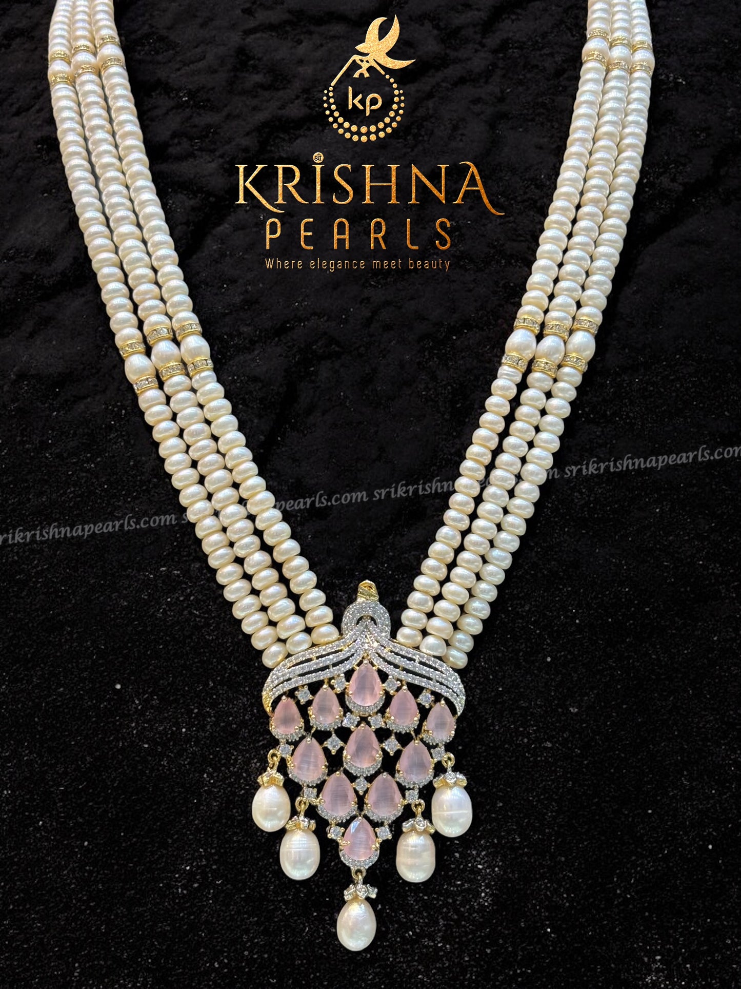 Rose Quartz Stone Pendant Pearl Drops & Earrings with Three Rows Fresh Water Natural Pearls