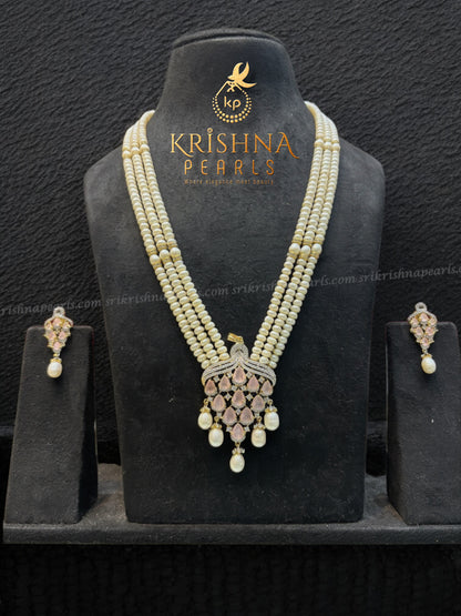 Rose Quartz Stone Pendant Pearl Drops & Earrings with Three Rows Fresh Water Natural Pearls