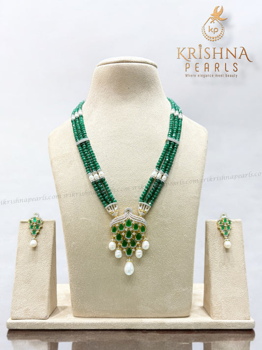 Elegant Green Jade Three Rows & Pearls Combination Necklace Set