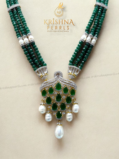 Elegant Green Jade Three Rows & Pearls Combination Necklace Set