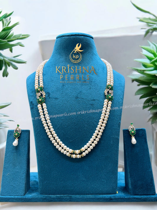 Graceful Greenstone Pearls Twin Line Broch Set