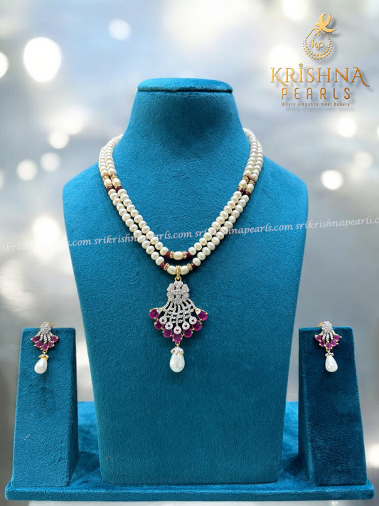 Classic Double Line Ruby Studded Pearls Necklace Set