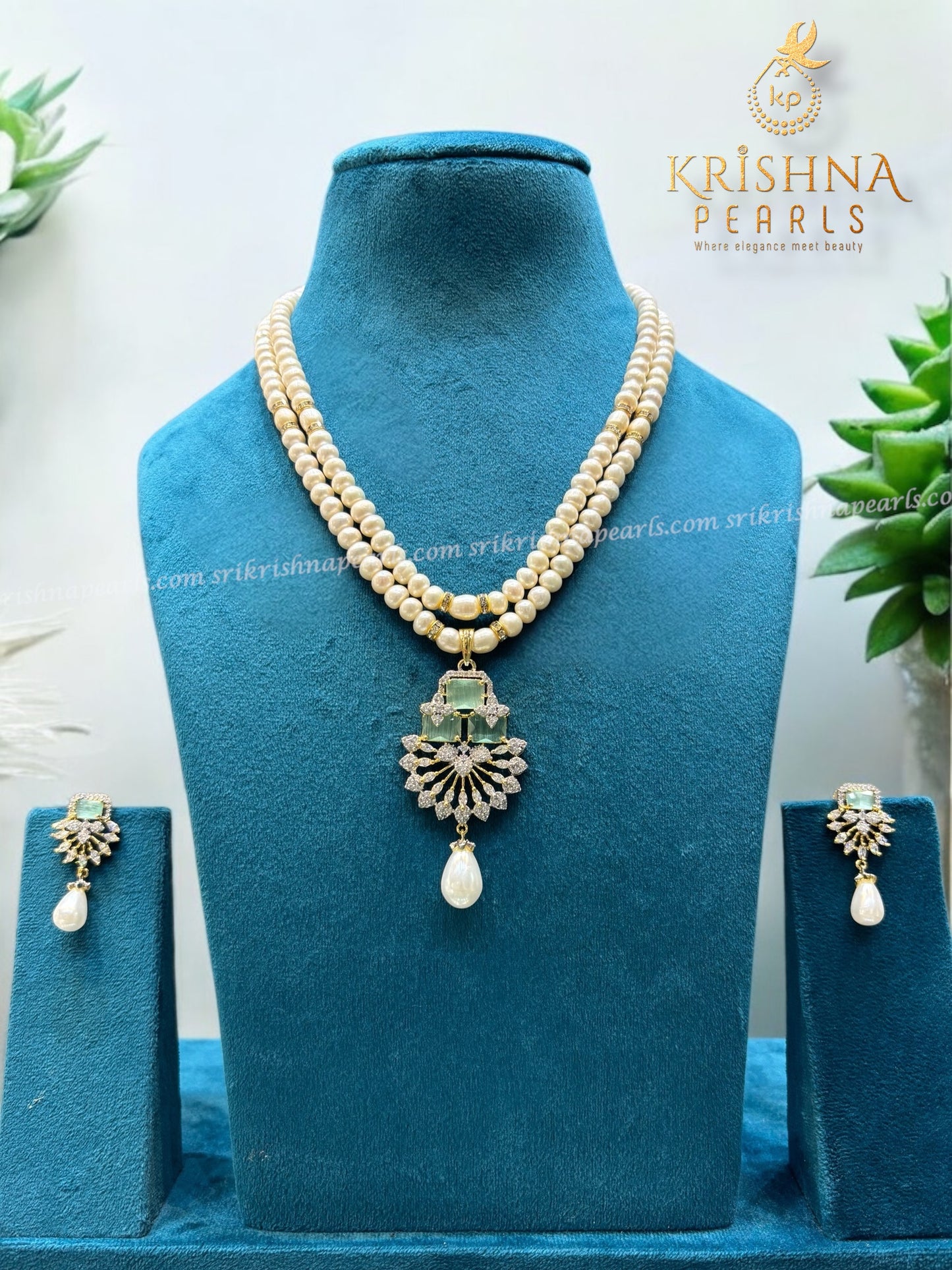 Imperial Radiance Blue Quartz Twin  Pearls Necklace Set