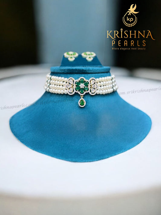 Green Stone Studded Floral Pendant Four Line Pearls Choker Set