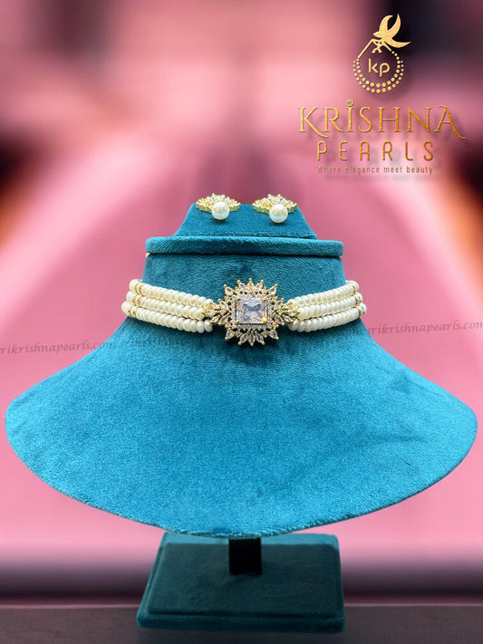 Exclusive Zircon Studded Three Line Pearls Choker Set