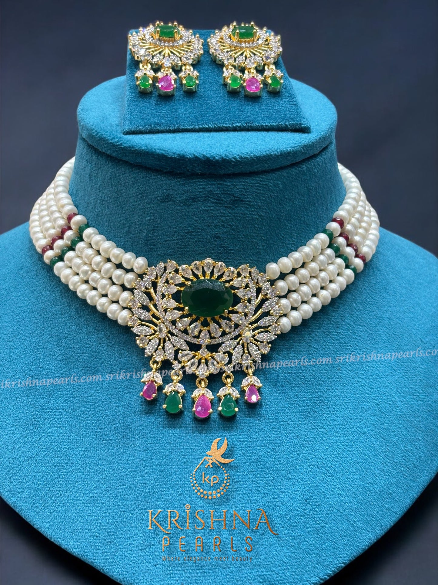 Exquisite Emerald & Ruby Studded Pearl Choker Set