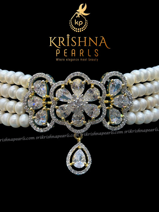 CZ Zircon Studded Floral Pendant Four Line Pearls Choker Set
