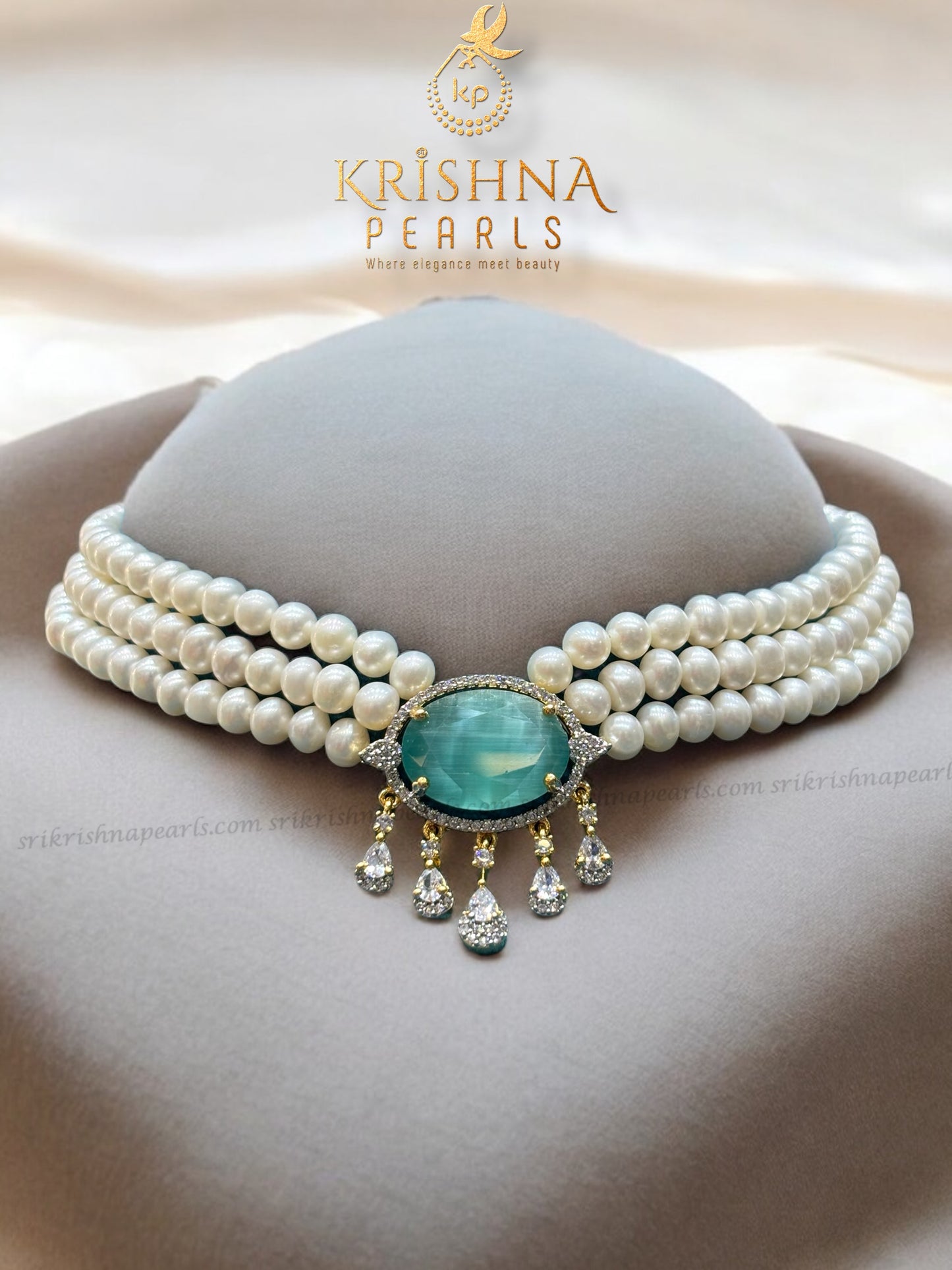 Blue Quartz Studded Pearls Choker Set