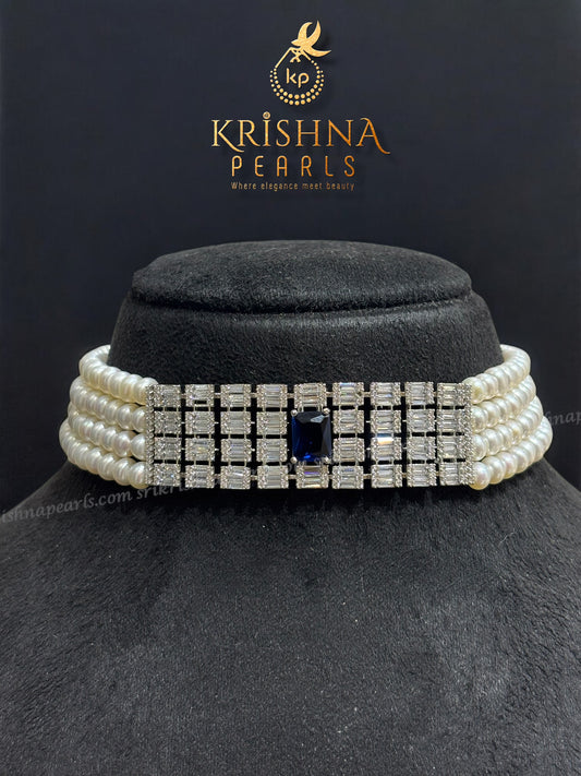 Royal Blue Stone Studded Four Line Pearl Choker Set
