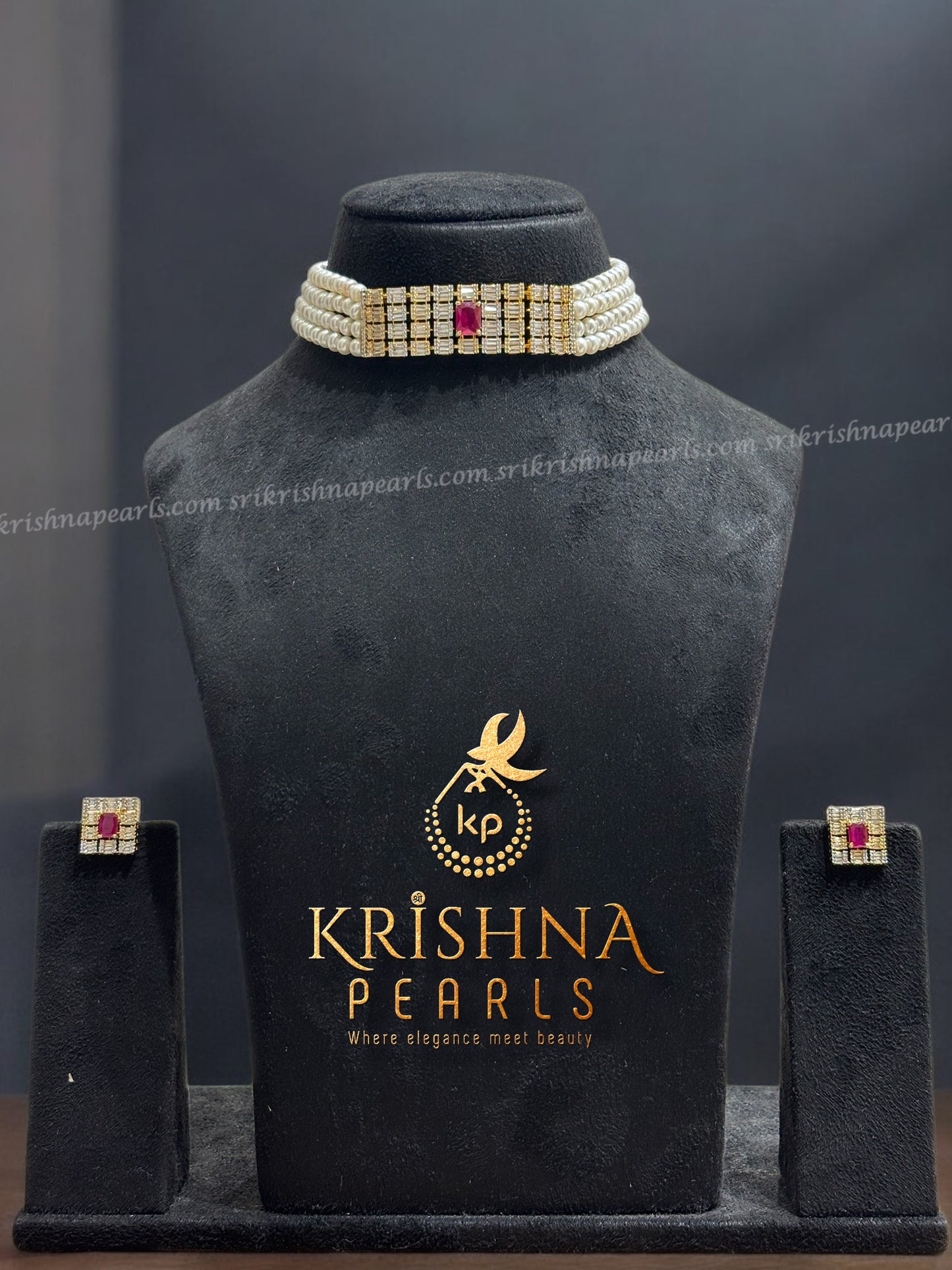 Royal Red Stone Studded Four Line Pearl Choker Set