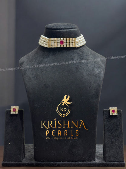 Royal Red Stone Studded Four Line Pearl Choker Set