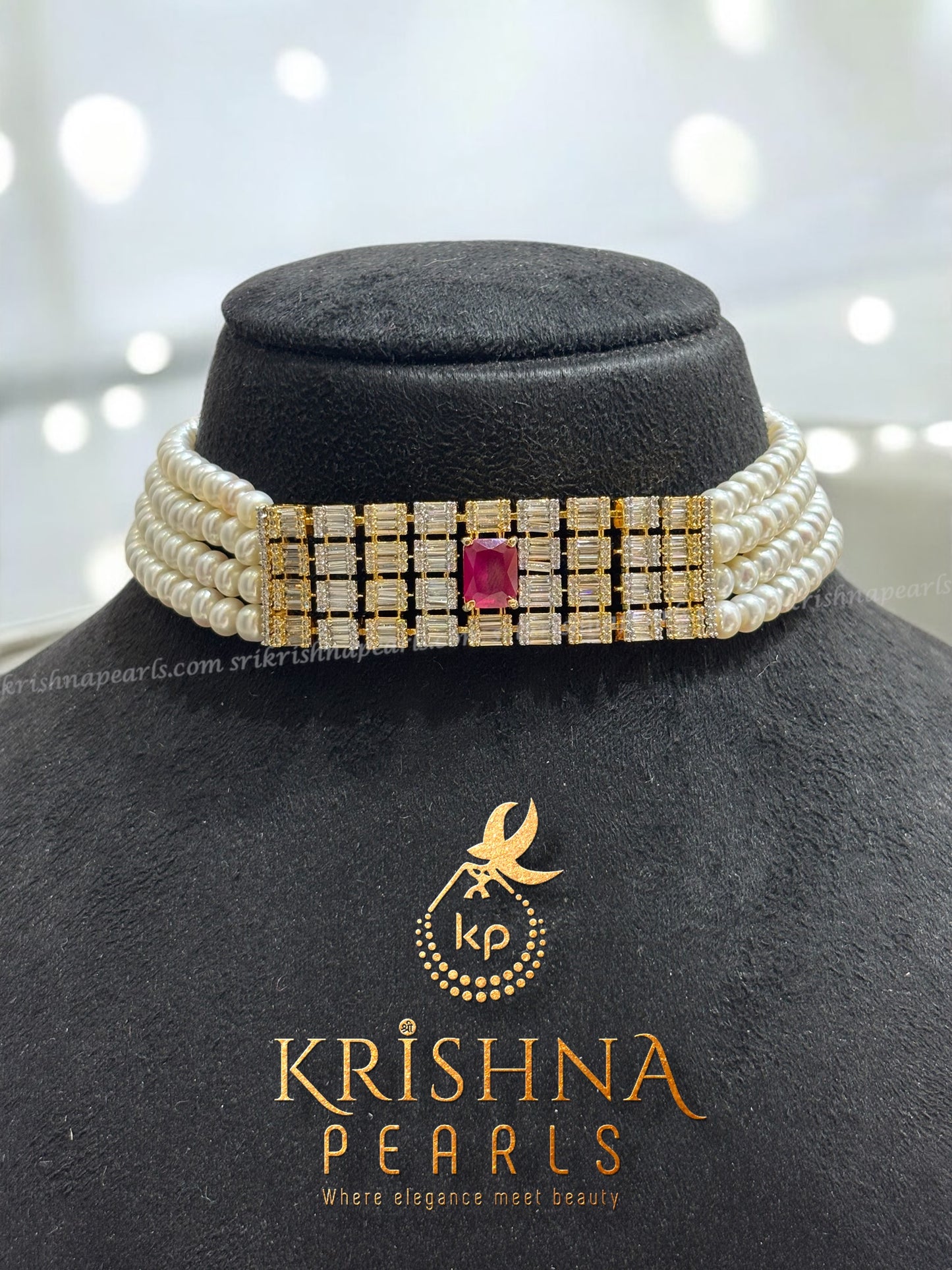 Royal Red Stone Studded Four Line Pearl Choker Set