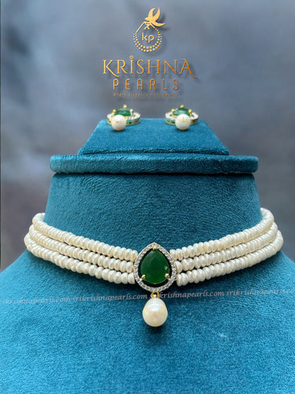 Beautiful Emerald Pendent With Small Size Pearls Three Line Choker Set