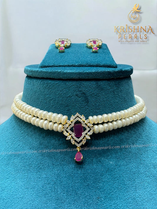 Elegant Ruby Studded Two Line Pearl Choker Set