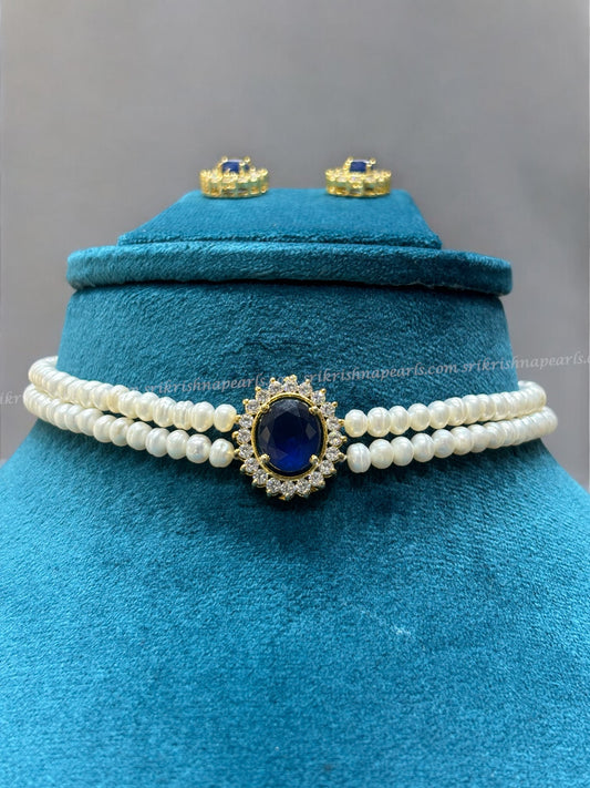 Royal Blue Stone Studded With Two Line Pearls Choker  Set