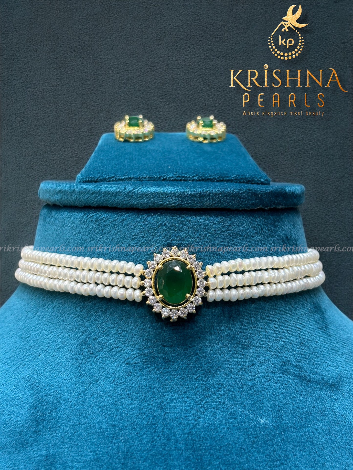 Magnificent Emerald Studded Three Line Pearls Choker Set