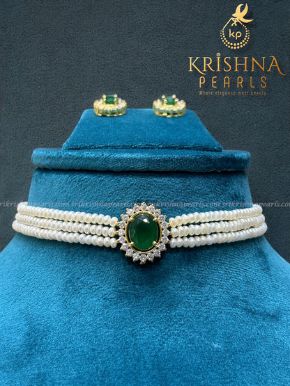 Magnificent Emerald Studded Three Line Pearls Choker Set
