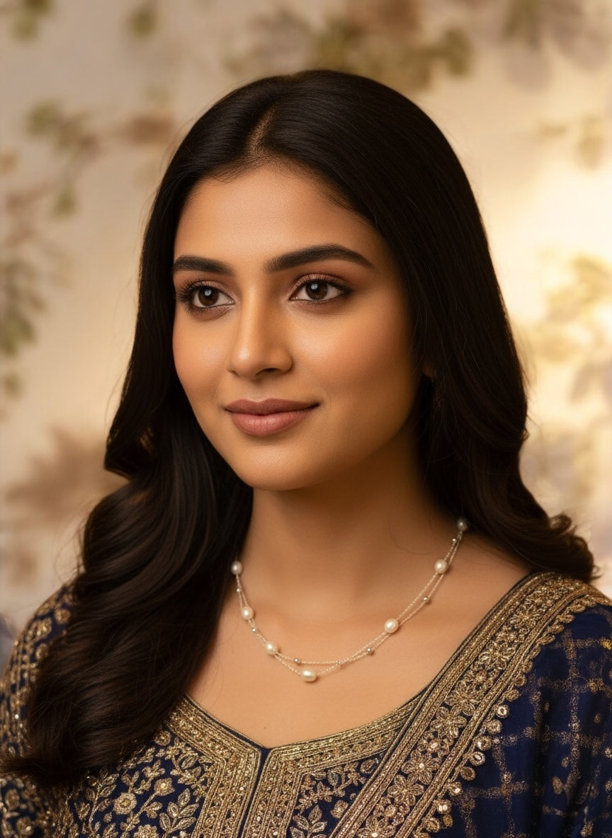 Designer 92.5 Silver Double Line Pearls Chain