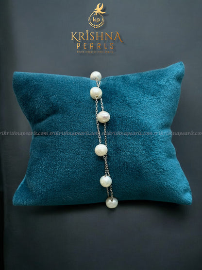 92.5 Silver Double Line Round Pearls Bracelet