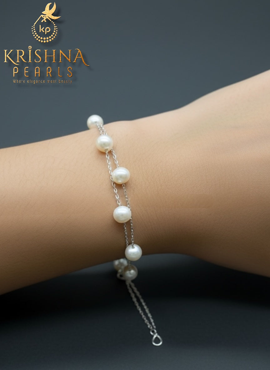 92.5 Silver Double Line Round Pearls Bracelet