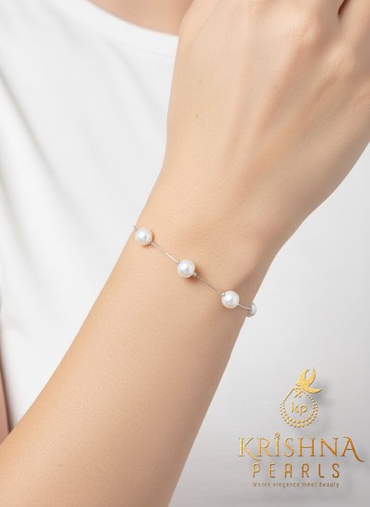 92.5 Silver Single Line Five Pearl Bracelet