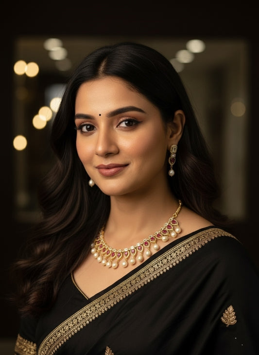 Designer Ruby & Zircon Studded Pearl Necklace Set