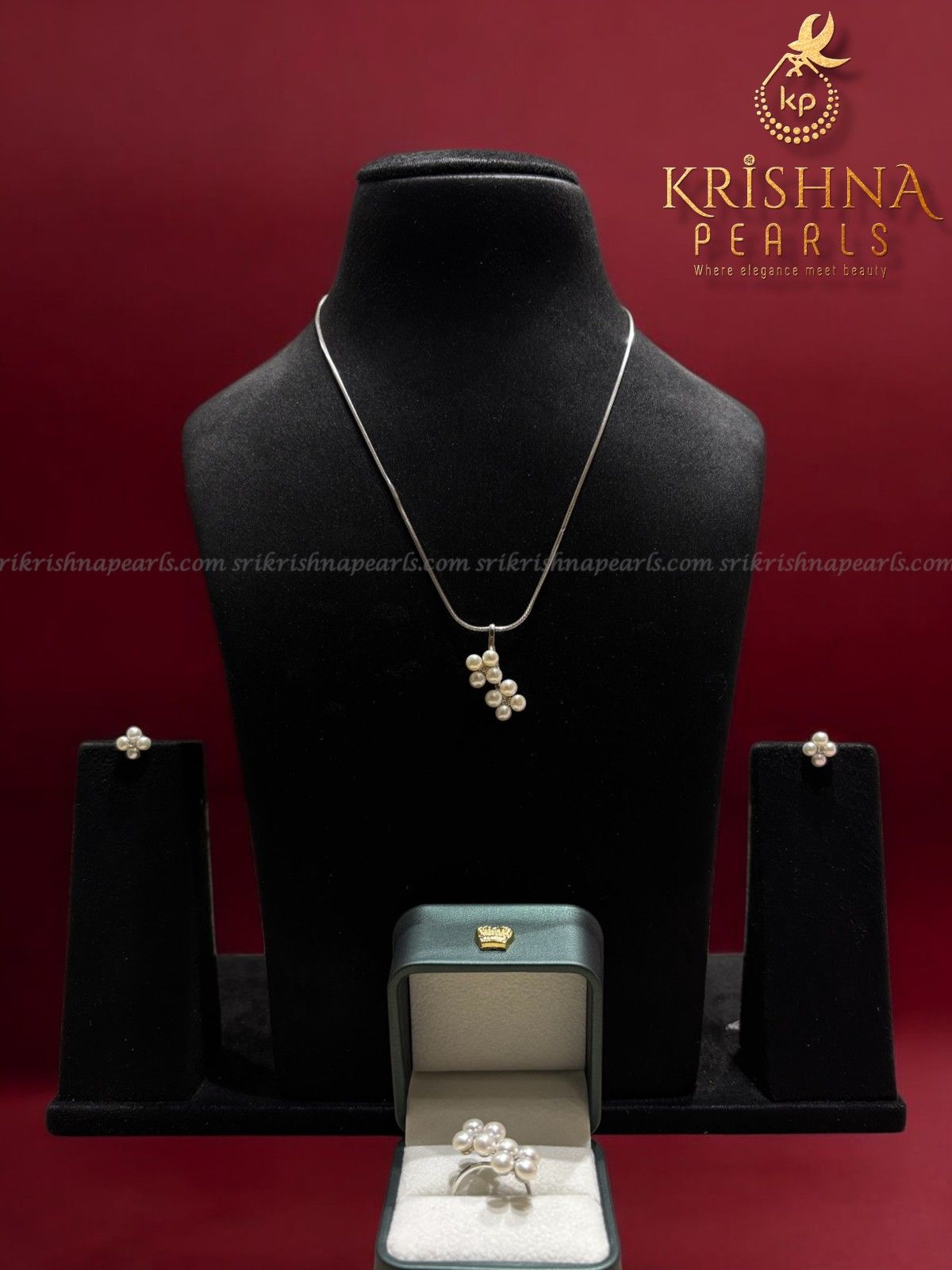 92.5 Silver Complete Pearl Set With Ring,Locket,Earrings & Chain