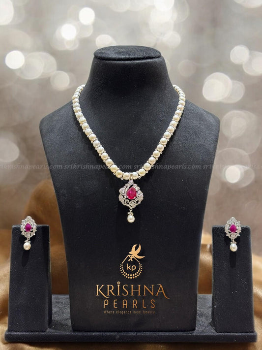 Royal Ruby Studded Button Pearl Necklace