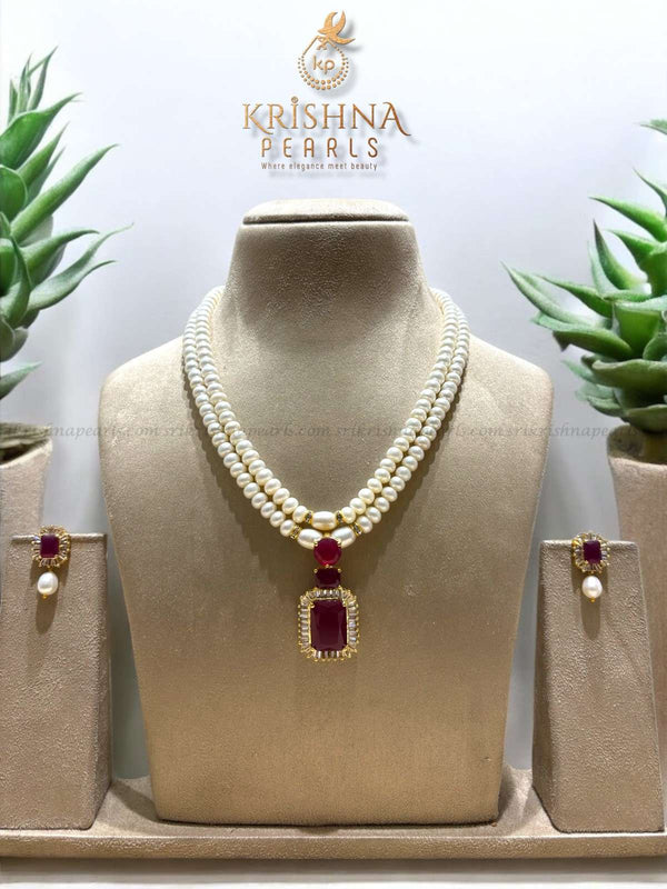 Royal Ruby Double Line Pearls Pendent Set