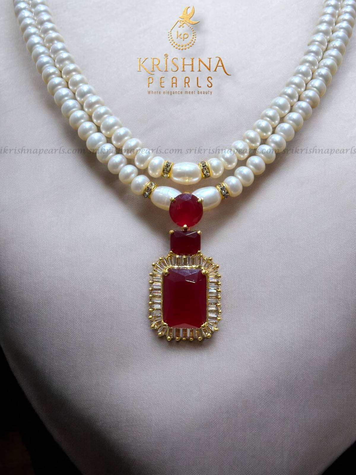 Royal Ruby Double Line Pearls Pendent Set