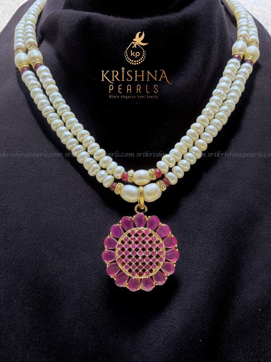 Enchanted Ruby Double Line Pearls Necklace Set