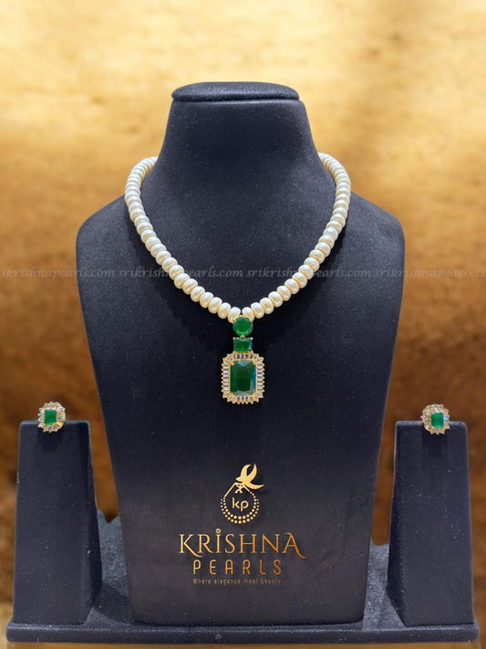 Mystic Premium Green Stone Studded Pendent Pearls Necklace Set