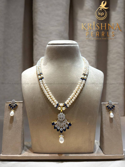 Royal Blue Sapphire Studded Pearls Necklace Set