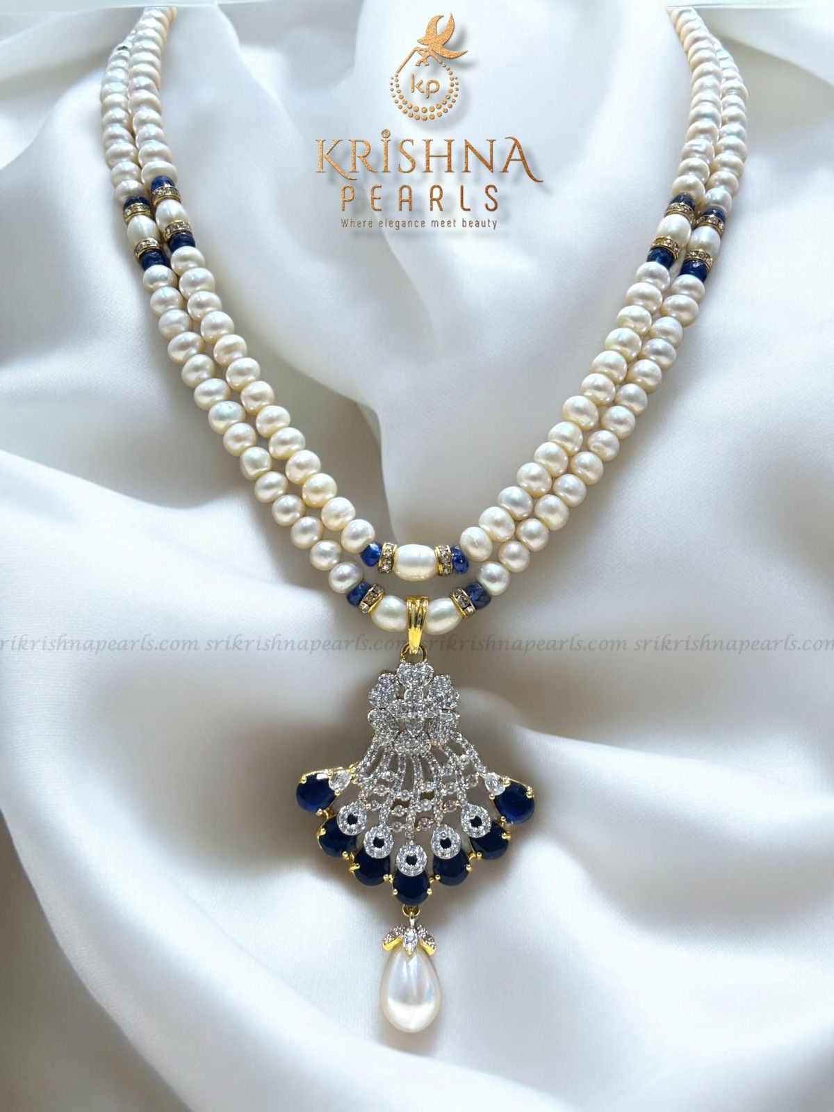 Royal Blue Sapphire Studded Pearls Necklace Set