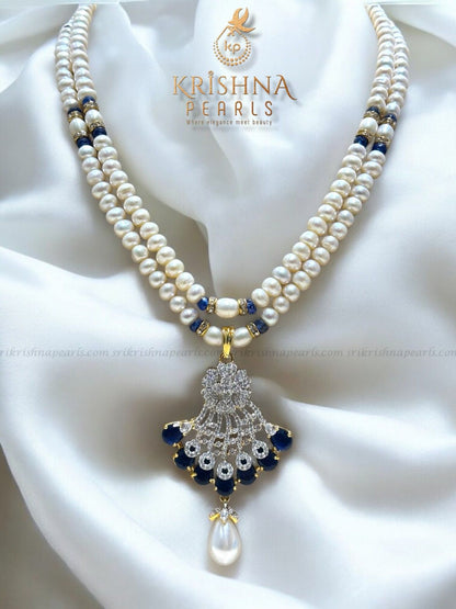Royal Blue Sapphire Studded Pearls Necklace Set