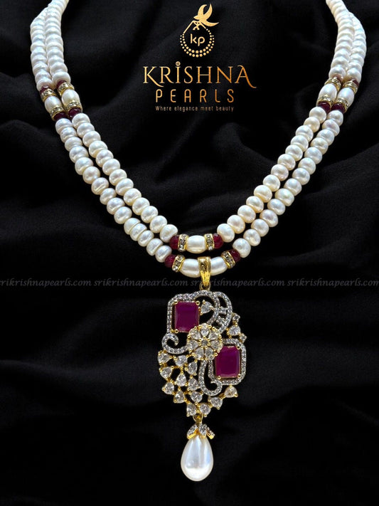 Twin Ruby Stone Studded Pearls Necklace Set